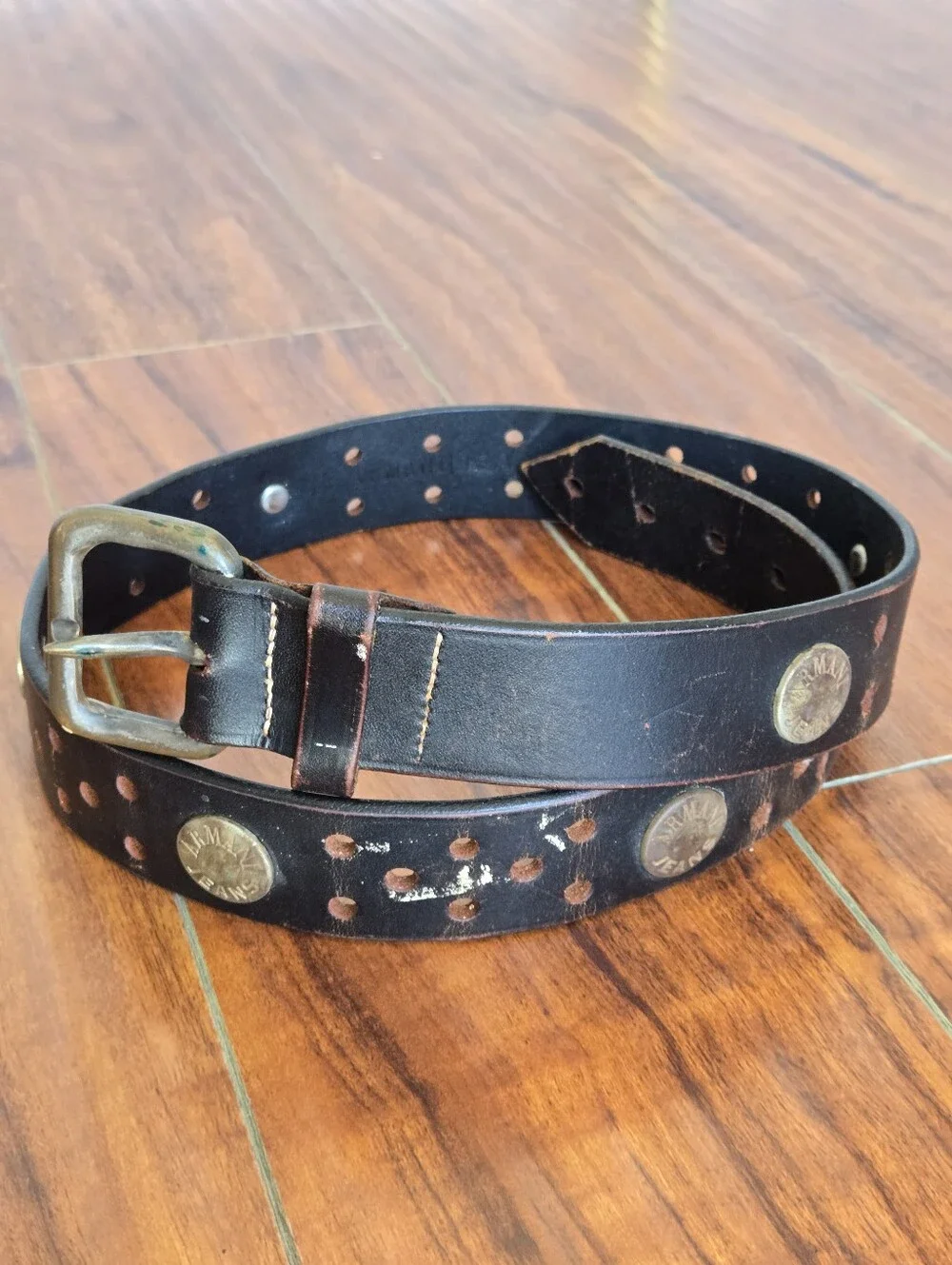 Vintage Armani Distressed Brown Leather Belt Western Grunge Metal Stud Accents